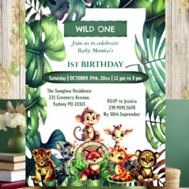 Vild 1 Jungle Safari Tropical Löv Birthday Inbjudningar
