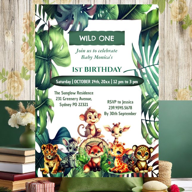 Vild 1 Jungle Safari Tropical Löv Birthday Inbjudningar (Wild One Birthday Jungle Safari Tropical Leaves Invitation)