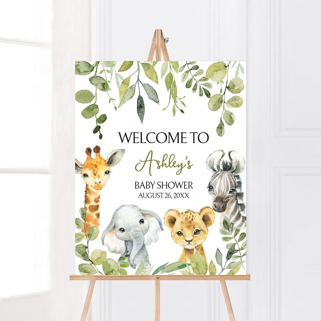 Vild 1 Jungle Safari Välkommen Poster (Greenery Animals Baby Shower  Welcome Sign)
