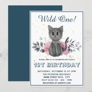 Vild 1 - Katt och blommor i Baby 1:a födelsedag Inbjudningar