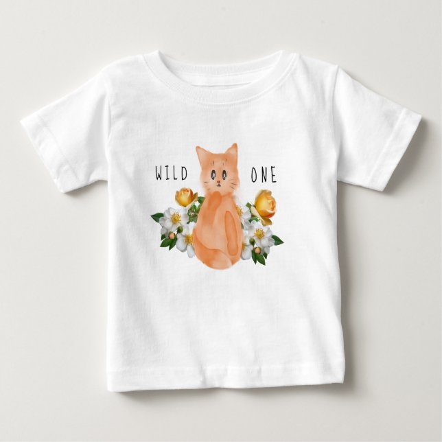Vild 1 - Katt och blommor i Baby 1:a födelsedag T Shirt (Framsida)