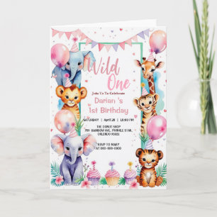 Vild 1 Kute Animals Ballonkaka 1:a födelsedag Inbjudan