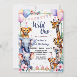 Vild 1 Kute Animals Ballonkaka 1:a födelsedag Inbjudningar