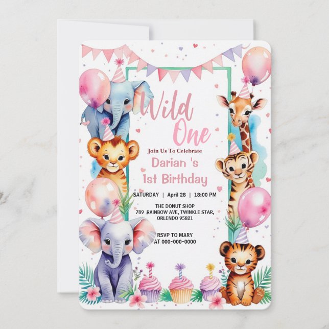 Vild 1 Kute Animals Ballonkaka 1:a födelsedag Inbjudningar (Framsida)