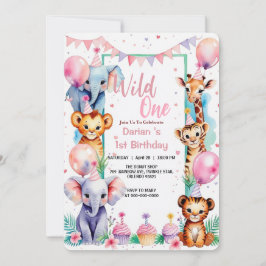 Vild 1 Kute Animals Ballonkaka 1:a födelsedag Inbjudningar