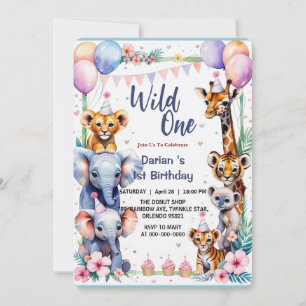 Vild 1 Kute Animals Ballonkaka 1:a födelsedag Inbjudningar