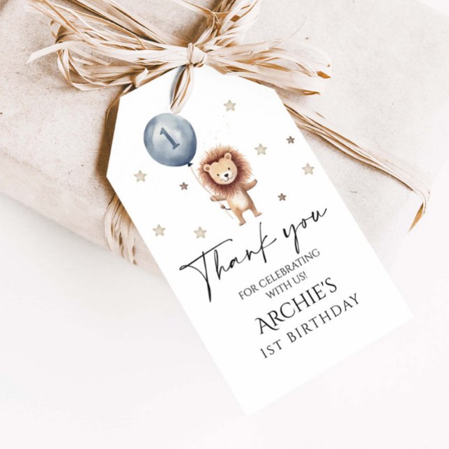 Vild 1 Lejon med ballongen första födelsedag Presentetikett (Skapare uppladdad)