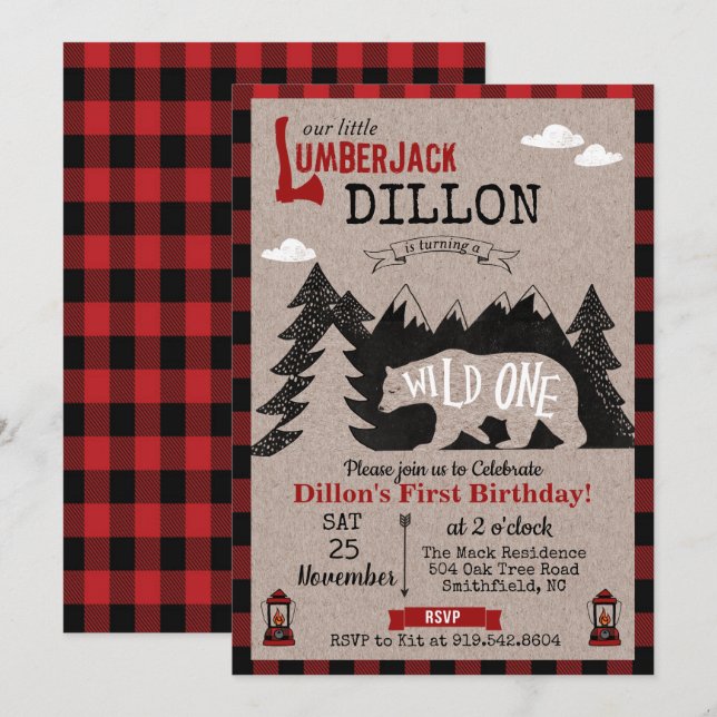 Vild 1 Lumberjack första inbjudan på födelsedagen (Fram/baksida)