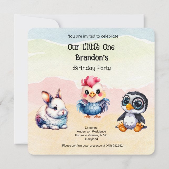 Vild 1 Lycklig Roligt Woodland Animals Vattenfärg Inbjudningar (Framsida)