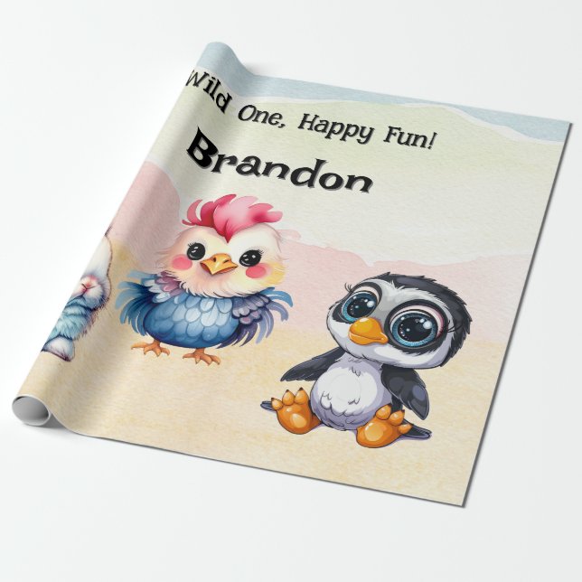 Vild 1 Lycklig Roligt Woodland Animals Vattenfärg Presentpapper (Utrullad)