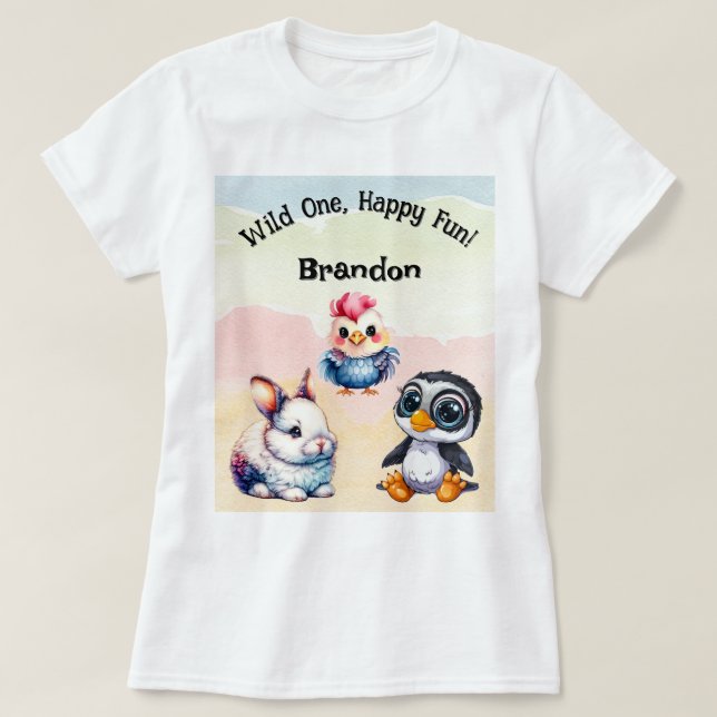 Vild 1 Lycklig Roligt Woodland Animals Vattenfärg T Shirt (Design framsida)