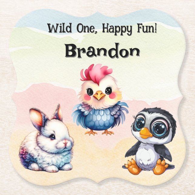 Vild 1 Lycklig Roligt Woodland Animals Vattenfärg Underlägg Papper (Framsida)