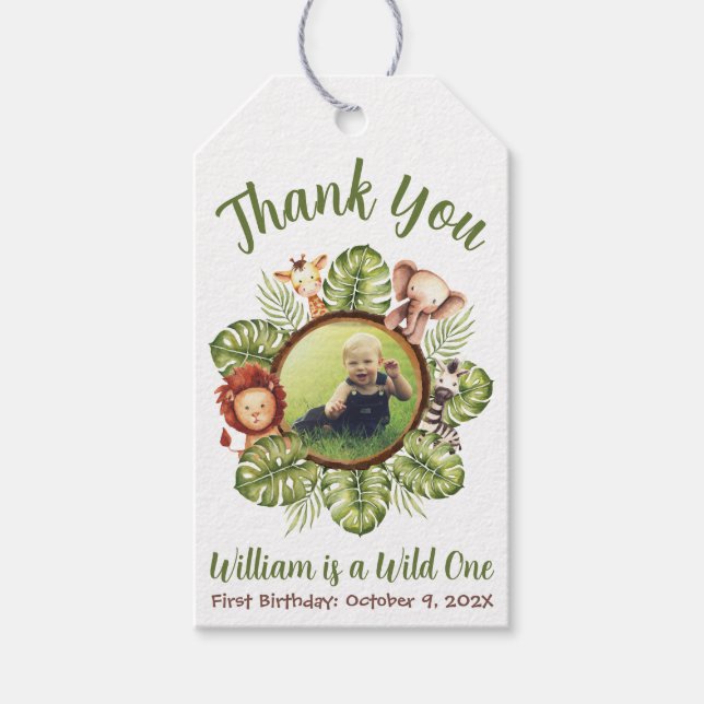 Vild 1 Photo Safari Jungle Löv Första födelsedagen Presentetikett (Framsidan)