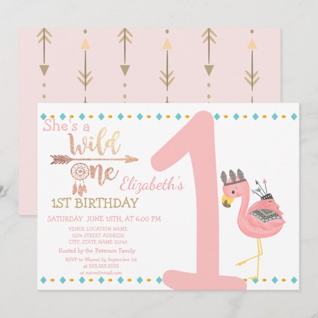 Vild 1,pilar,Dream Catcher Flamingo Birthday Inbjudningar (Fram/baksida)