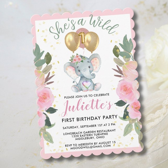Vild 1 Rosa Girl Elephant First Birthday Julkort (Skapare uppladdad)