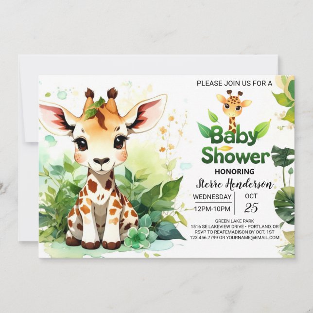 Vild 1:s safari Giraffe Baby Shower Inbjudningar (Framsida)