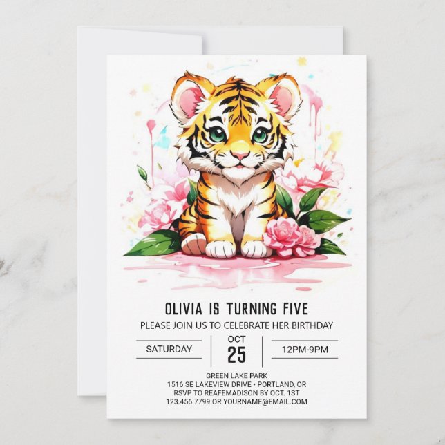Vild 1:s Whimsical Tiger Birthday Inbjudningar (Framsida)