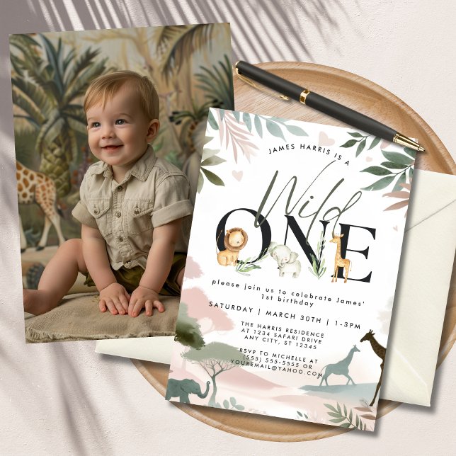 Vild 1 Safari 1:a födelsedag Party Foto Inbjudningar (A cute baby boy in a safari-themed setting next to a "Wild One" birthday invite.)