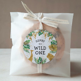 Vild 1 Safari 1:a födelsedag Party Grönt Guld Runt Klistermärke