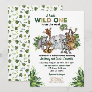 Vild 1 Safari Animal Baby Shower Inbjudningar
