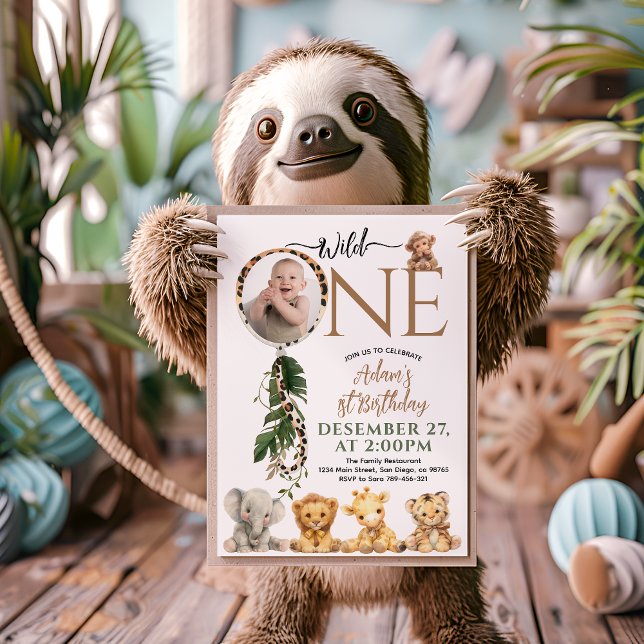 Vild 1 Safari Animal Balloon 1:a födelsedagen Inbjudningar (Skapare uppladdad)