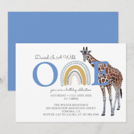 Vild 1 Safari Animal Blue Boy's First Birthday Inbjudningar
