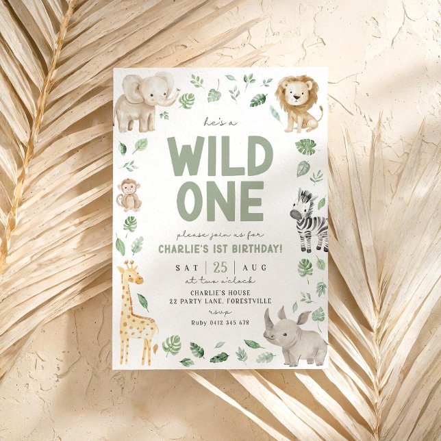 Vild 1 Safari Animal Jungle, första födelsedagen Inbjudningar (Wild One 1st Birthday Invitation)
