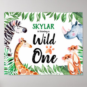 Vild 1 Safari Animal Kids 1:a födelsedag Party Poster