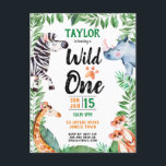 Vild 1 Safari Animal Kids 1:a födelsedagen Inbjudan Vykort<br><div class="desc">Vild Ett Safari Animal Kids 1:a födelsedagsinbjudan till vykort. Zebra,  noshörningar,  giraffe och meerkats med löv i ett safari-tema. Inbjudan till en safari vild sak party i vild i sak. www.SamAnnDesigns.com</div>
