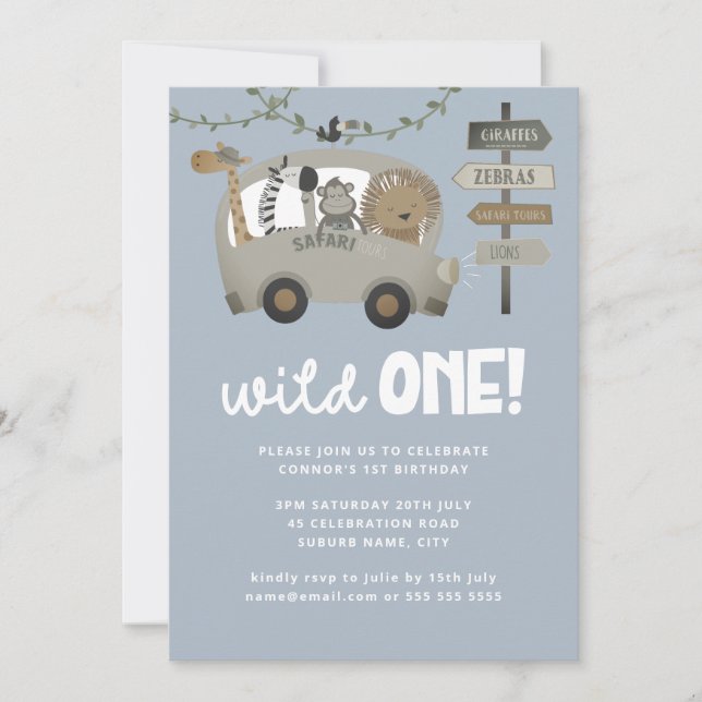 Vild 1 Safari Animals Blue Boy 1st Birthday Inbjudningar (Framsida)