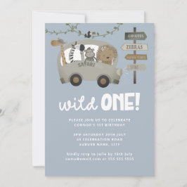 Vild 1 Safari Animals Blue Boy 1st Birthday Inbjudningar