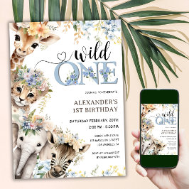 Vild 1 Safari Animals Boy 1 Birthday Inbjudningar