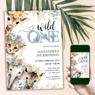Vild 1 Safari Animals Boy 1 Birthday Inbjudningar