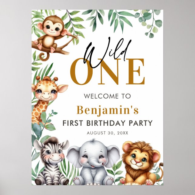 Vild 1 Safari Animals Boy 1 Birthday Välkommen Poster (Framsidan)
