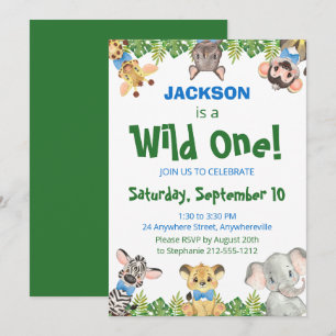 Vild 1 Safari Animals Boy First Birthday Invita Inbjudningar