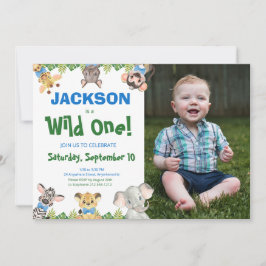 Vild 1 Safari Animals Boy Photo First Birthday I Inbjudningar
