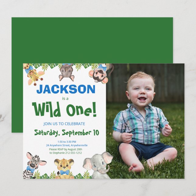 Vild 1 Safari Animals Boy Photo First Birthday I Inbjudningar (Fram/baksida)
