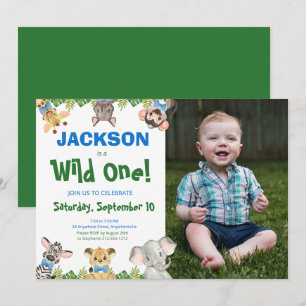 Vild 1 Safari Animals Boy Photo First Birthday I Inbjudningar