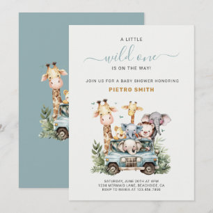 Vild 1 Safari Animals Boy Shower Inbjudningar