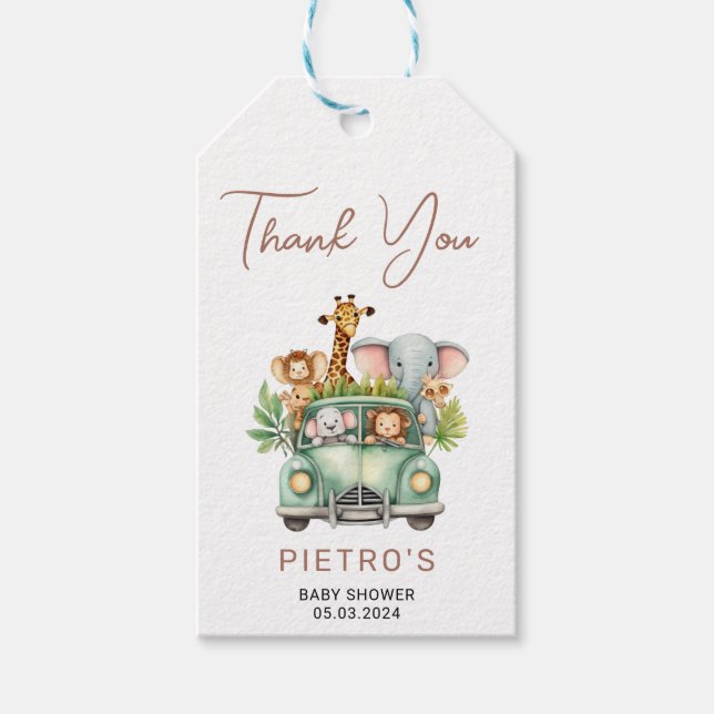 Vild 1 Safari Animals Boy Shower Presentetikett (Framsidan)