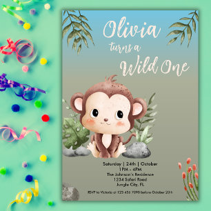 Vild 1 Safari Animals Cute Monkey 1:a födelsedagen Inbjudningar