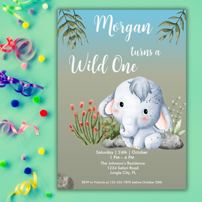 Vild 1 Safari Animals Elephant 1st Birthday Inbjudningar (Skapare uppladdad)
