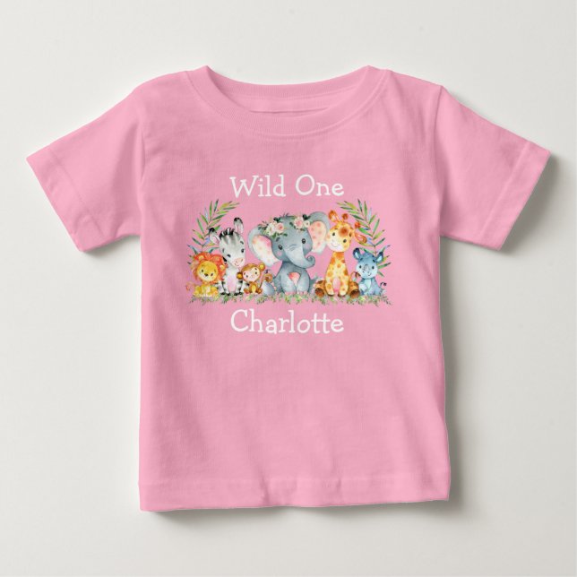Vild 1: Safari Animals Flowers Rosa T Shirt (Framsida)