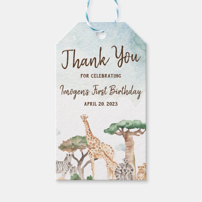 Vild 1 Safari Animals första Födelsedagsfest Presentetikett (Framsidan)