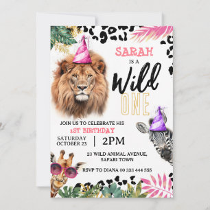 Vild 1 Safari Animals Girl 1 Birthday Party Inbjudningar