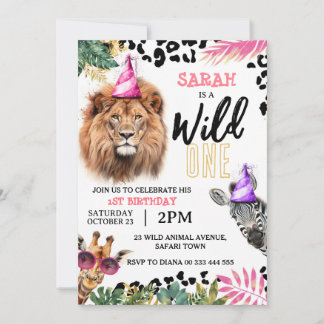 Vild 1 Safari Animals Girl 1 Birthday Party Inbjudningar