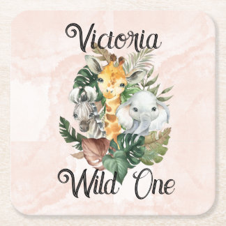 Vild 1 Safari Animals Girls första födelsedag Underlägg Papper Kvadrat