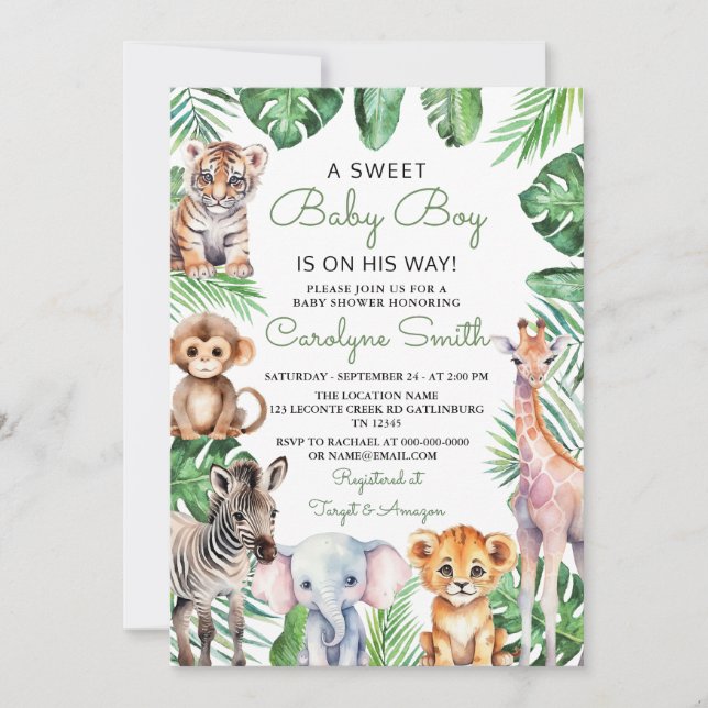 Vild 1 Safari Animals Greenery Baby Shower Inbjudningar (Framsida)