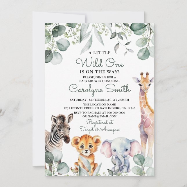 Vild 1 Safari Animals Greenery Baby Shower Inbjudningar (Framsida)