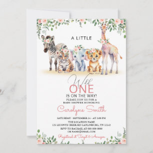 Vild 1 Safari Animals Greenery Girl Baby Shower Inbjudningar